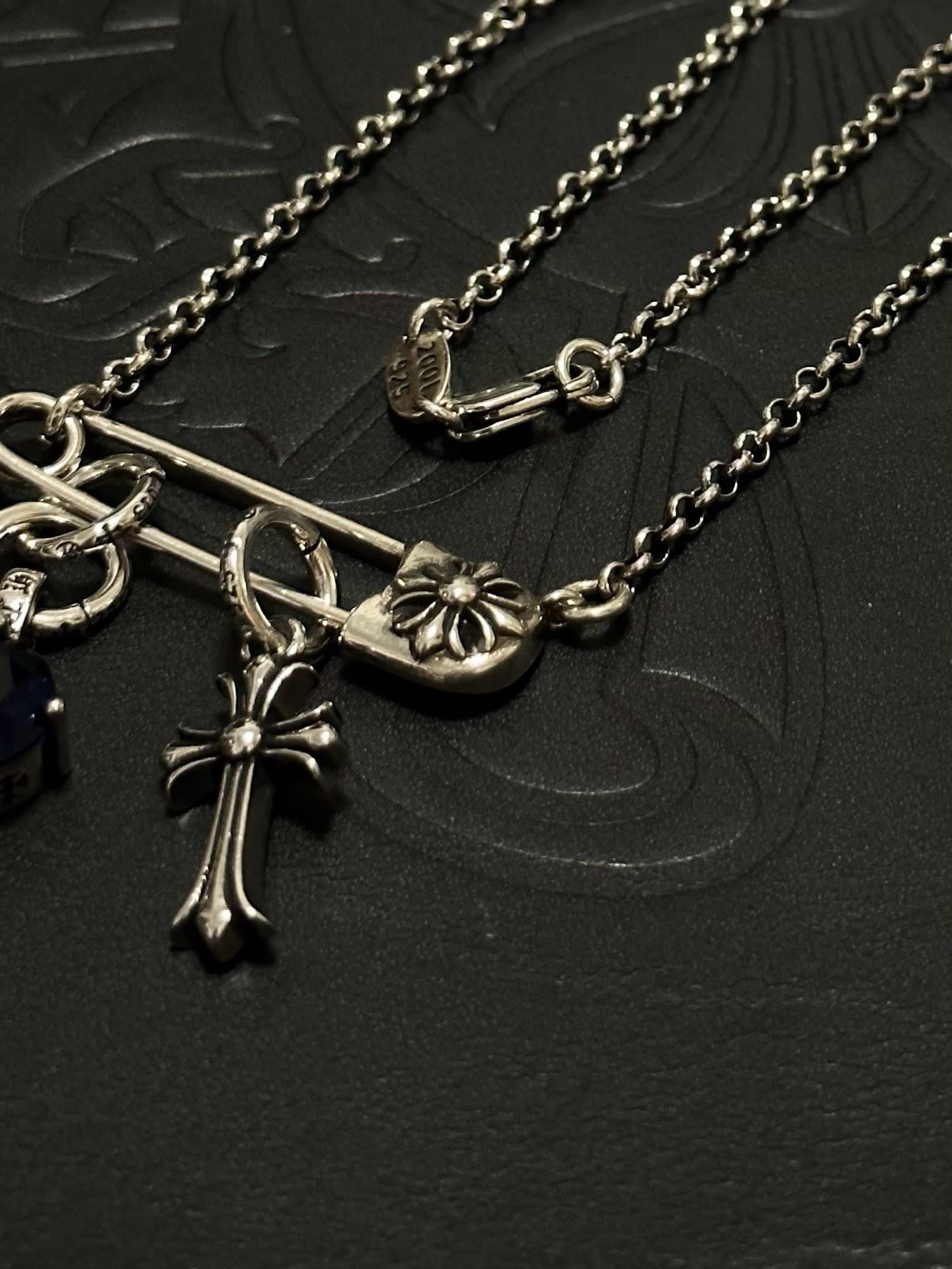 Chrome Hearts Silver Cross and Lock Charm Necklace with Blue Gemstone